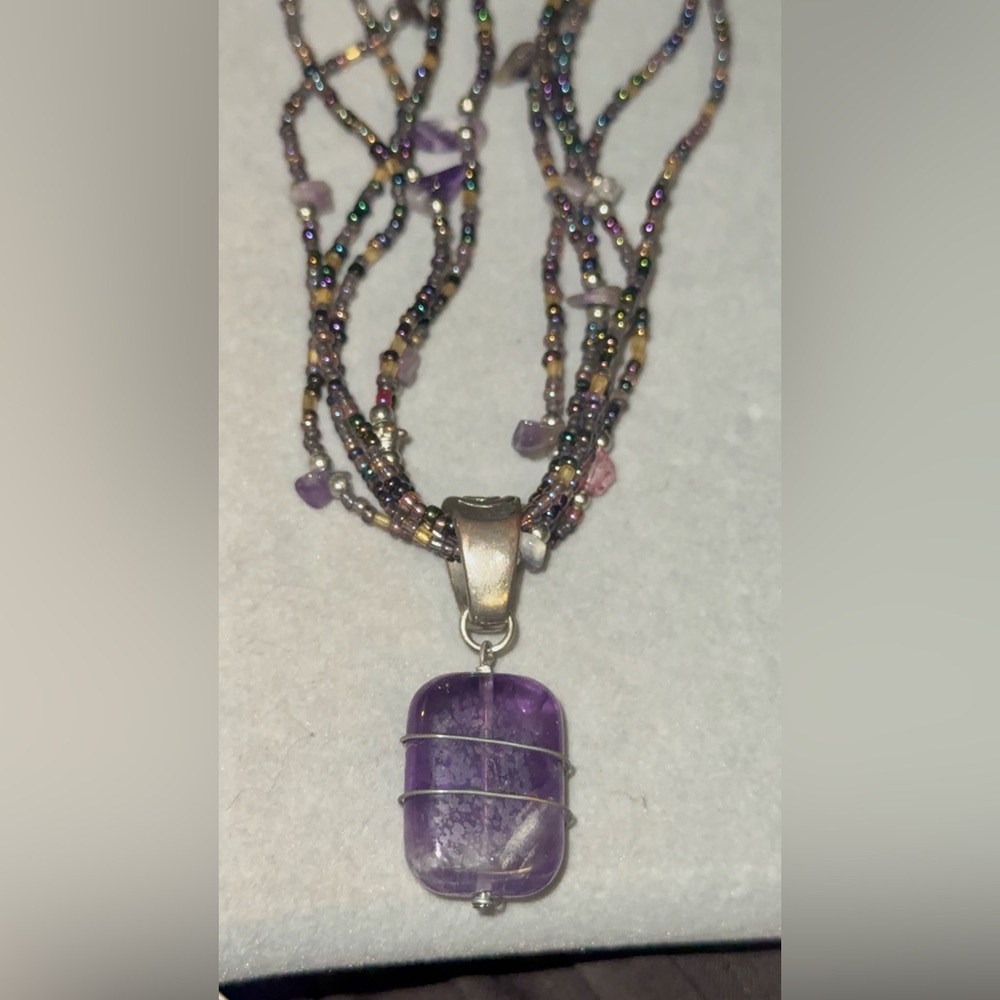 Multi-Strand Beaded Necklace with Purple Pendant